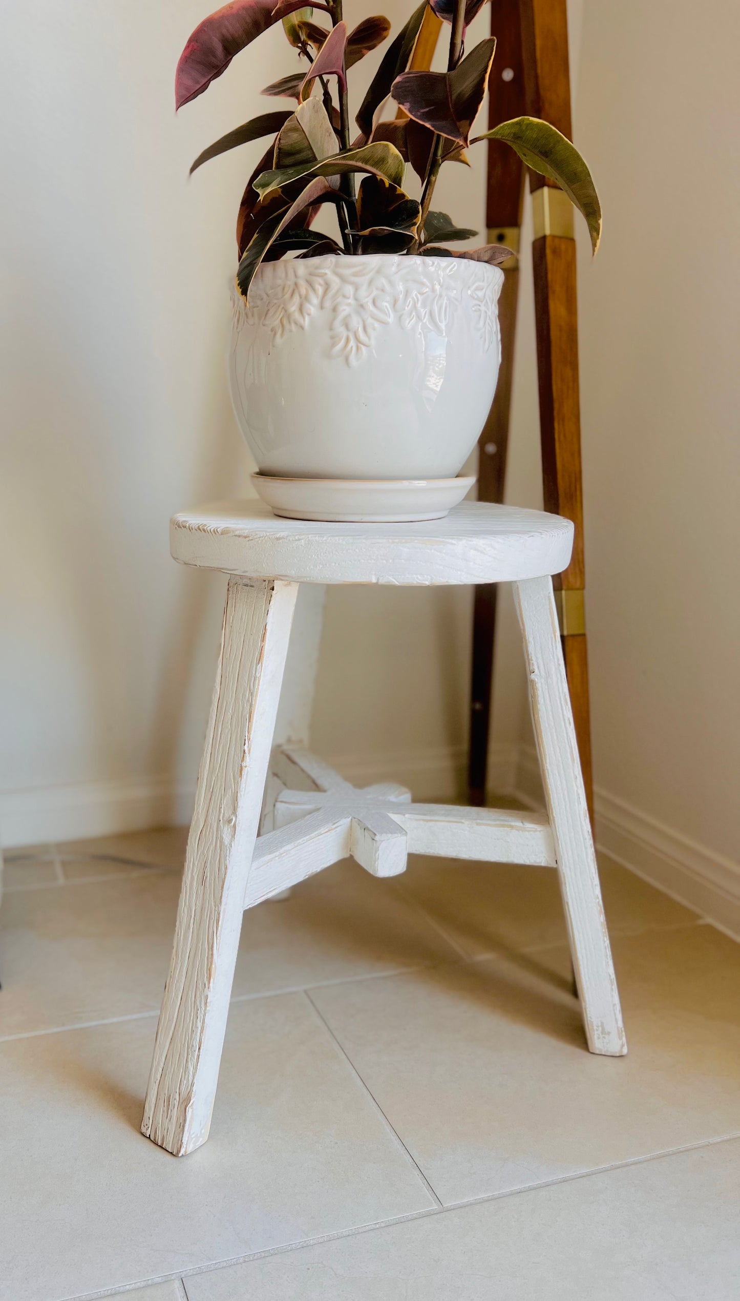 White Wash Elm Wood Round Stool Weathered / Round Side Table (Size & Finish Vary)