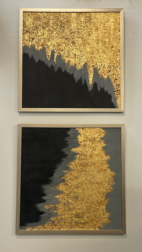 Set of 2 Square Black & Gold Framed Hand Acrylic Painting Wall Art with Gold Paper/foil 33 X 33 Handmade Gift