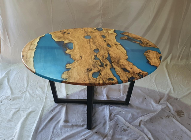 Epoxy Resin Olive Wood Round Dining Table/Modern Table Blue 48 X 48 X 31 inches Handmade