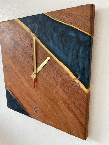 Square Epoxy Resin Walnut Wood Wall Clock 16 inches