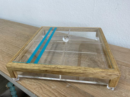 Square Acrylic Service Tray with Wood Frame Decorative Tray Handmade 4 Containers with Cover (Multiple Cover Designs)