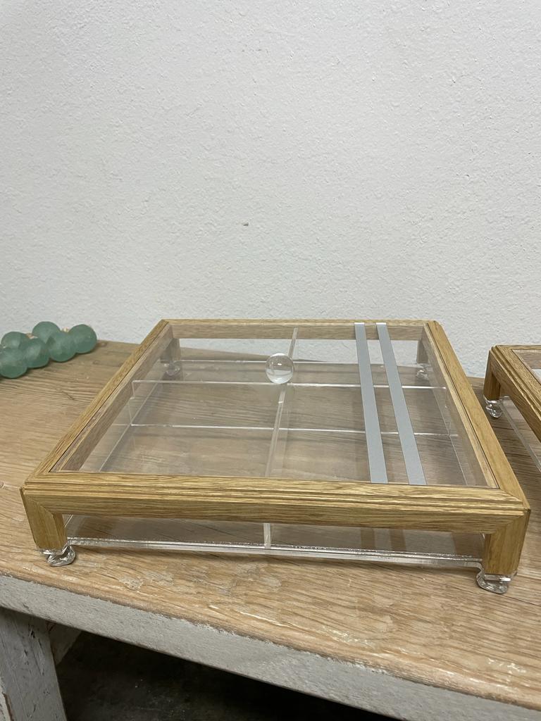 Square Acrylic Service Tray with Wood Frame Decorative Tray Handmade 4 Containers with Cover (Multiple Cover Designs)