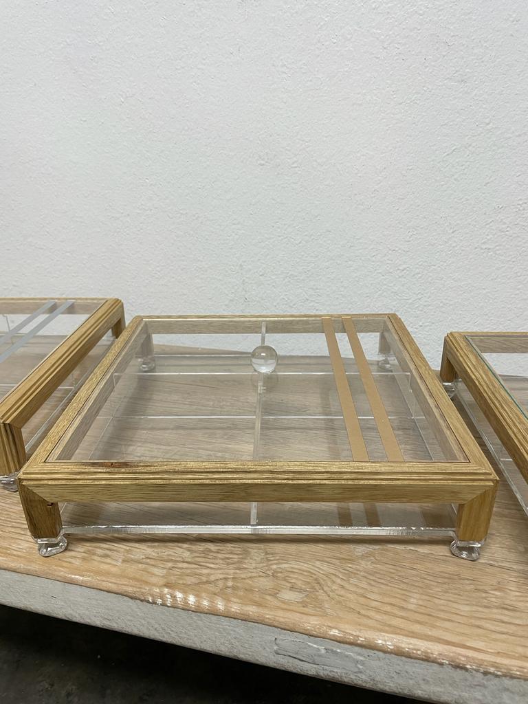 Square Acrylic Service Tray with Wood Frame Decorative Tray Handmade 4 Containers with Cover (Multiple Cover Designs)