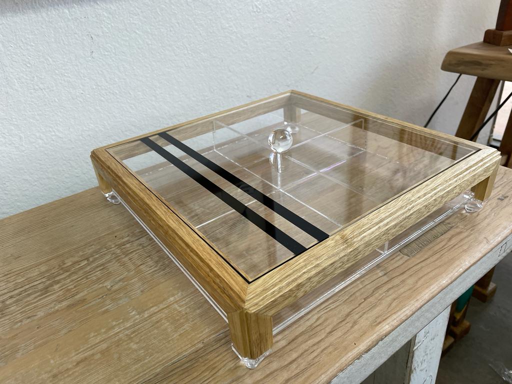 Square Acrylic Service Tray with Wood Frame Decorative Tray Handmade 4 Containers with Cover (Multiple Cover Designs)