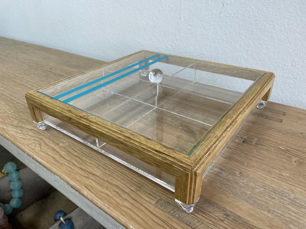 Square Acrylic Service Tray with Wood Frame Decorative Tray Handmade 4 Containers with Cover (Multiple Cover Designs)