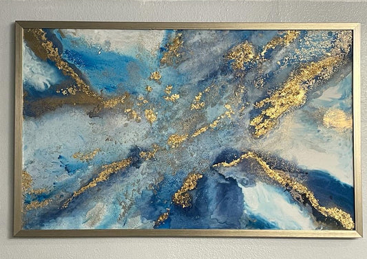 Rectangular Blue Framed Hand Acrylic Painting Wall Art with Gold Paper/foil 53 X 33 Handmade Gift