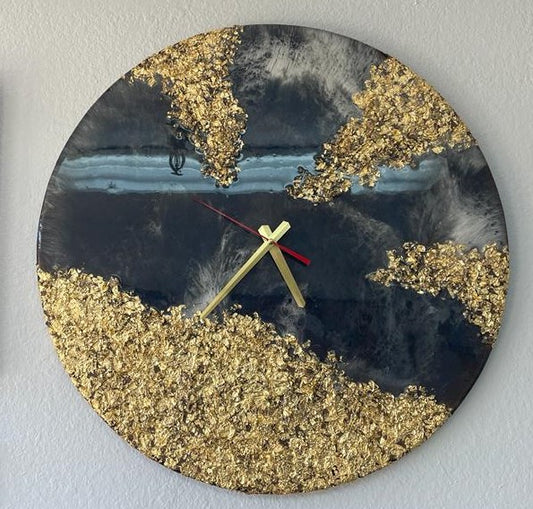 Black Resin Epoxy Wall Clock with Gold Flakes/Foil/Paper 24 X 24 inches Handmade Gift