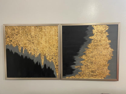 Set of 2 Square Black & Gold Framed Hand Acrylic Painting Wall Art with Gold Paper/foil 33 X 33 Handmade Gift