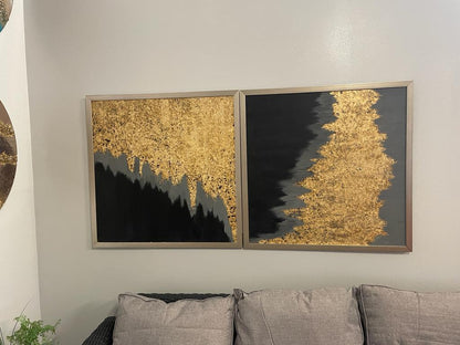 Set of 2 Square Black & Gold Framed Hand Acrylic Painting Wall Art with Gold Paper/foil 33 X 33 Handmade Gift