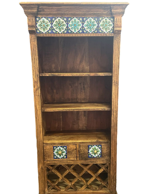 Handmade Vintage Antique Indian Wood Cabinet with Painted Tiles | Antique Indian Cabinet| Teak Wood