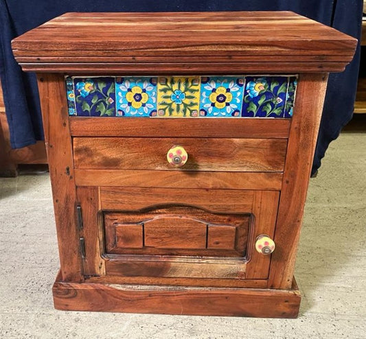 Handmade Vintage Antique Teak Wood Side Table | Indian Accent Table| Carved End Table | Decorative End Table| Indian Ceramic