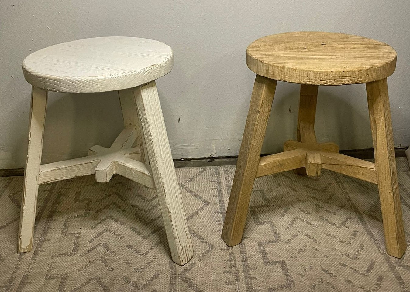 White Wash Elm Wood Round Stool Weathered / Round Side Table (Size & Finish Vary)