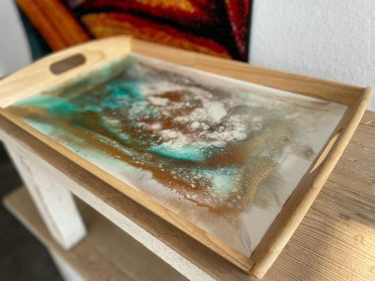 Rectangular Resin Epoxy Wood Frame Serving Tray Hand made