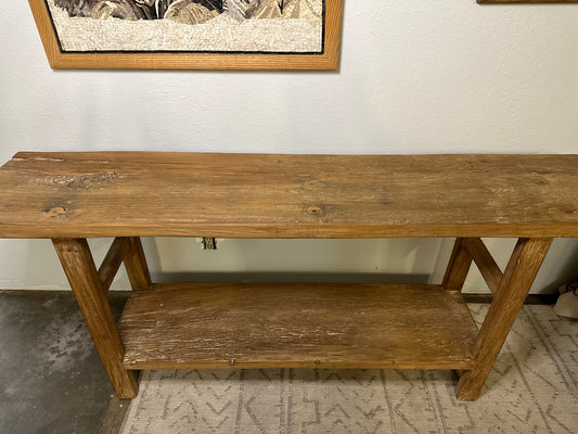 Handmade Vintage console table with shelf Large about 6' feet long Weathered natural wood size & color vary