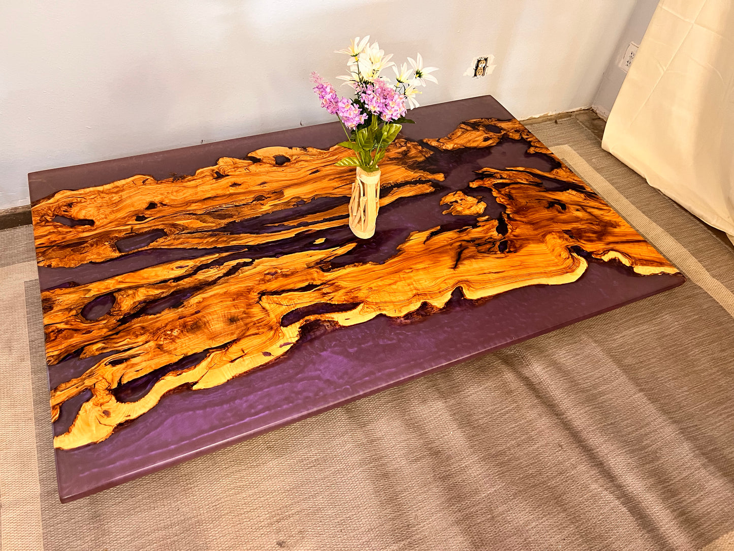 Epoxy Resin Olive Wood Rectangular Coffee Table/Modern Table Purple 54 X 34 X 19.5 inches Handmade